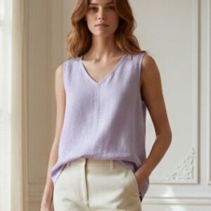 FLAX BRAND Lavender 100% Linen Sleeveless Tank Blouse Top V-Neck Small